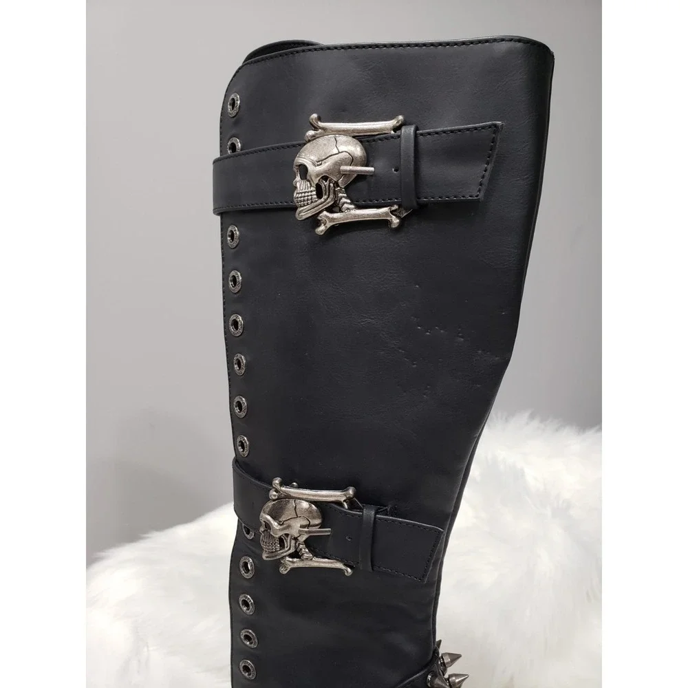 SIZE 7 DEMONIA Muerto Bone High Heel Spiked Skull Buckle Moto gothic Knee Boots